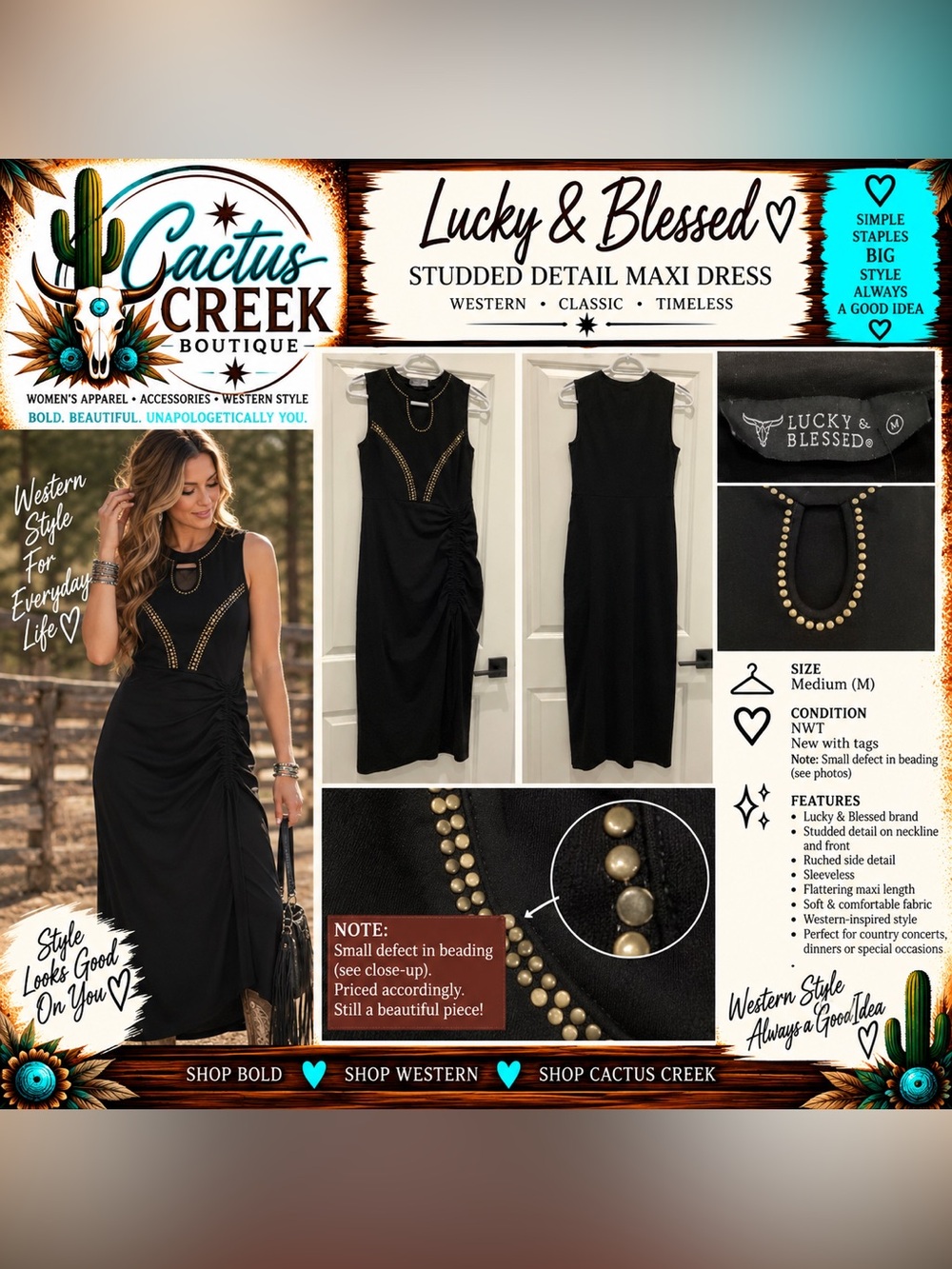 Lucky & Blessed Black Sleeveless Midi Dress with Gold Stud Trim - Size M - NWT